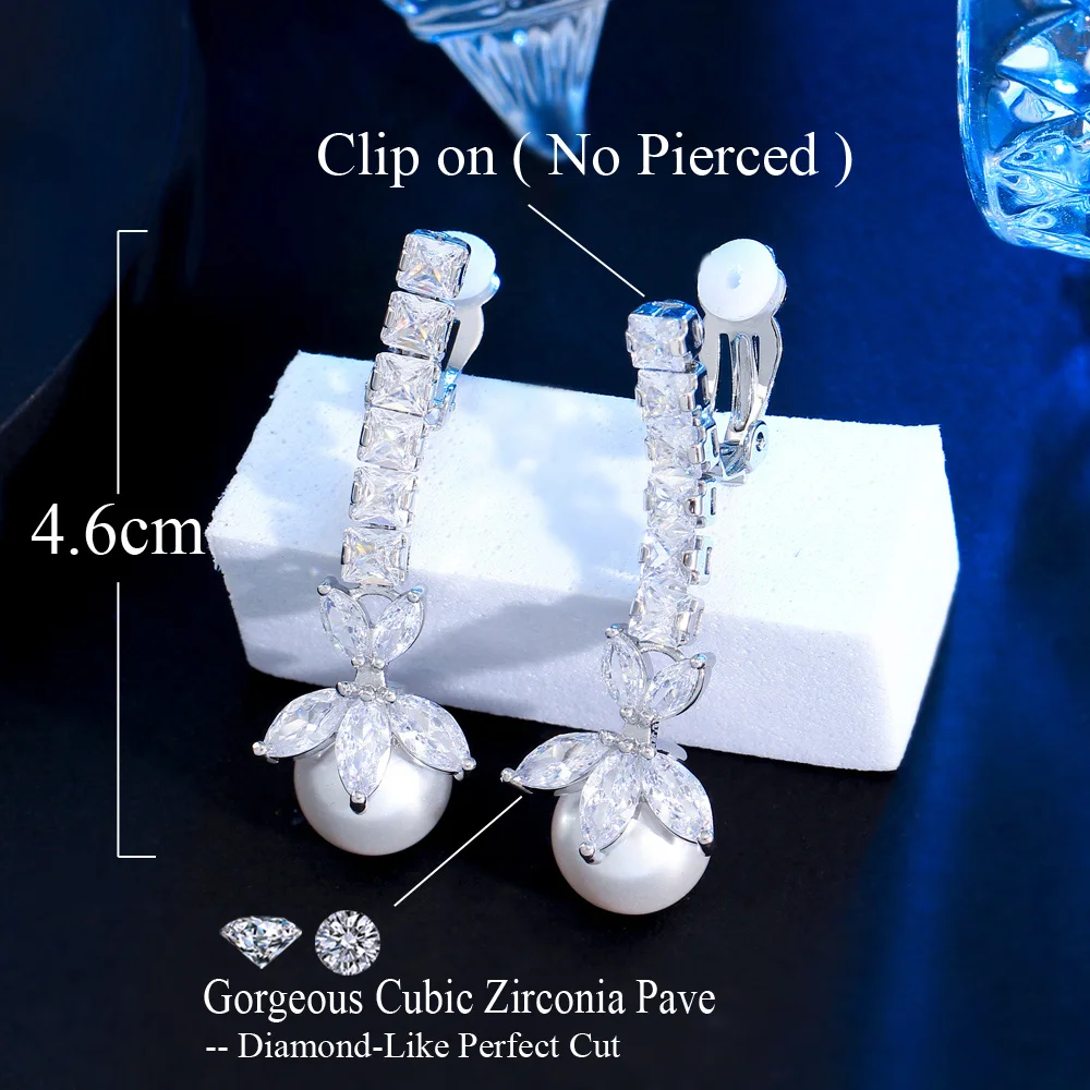 CWWZircons Flower Leaf Cubic Zirconia Long Dangly Women Wedding Party Bridal Clip On Pearl Earrings without Piercing CZ488