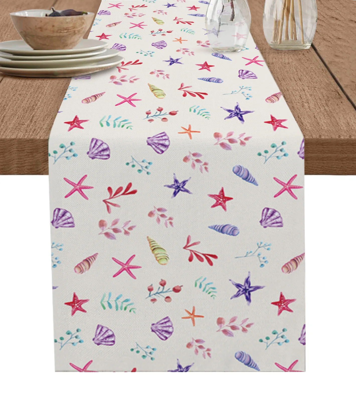 Flowers Foliage Gradient Shells Starfish Table Runner Decoration Home Decor Dinner Table Decoration Table Decor