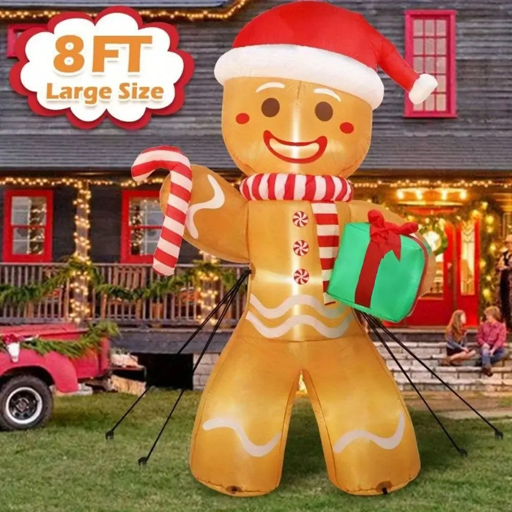 8FT/2.4M Christmas Inflatables Gingerbread Man with Gift Pack Outdoor Decorations Xmas Yard Decorations with LED Lights for Lawn