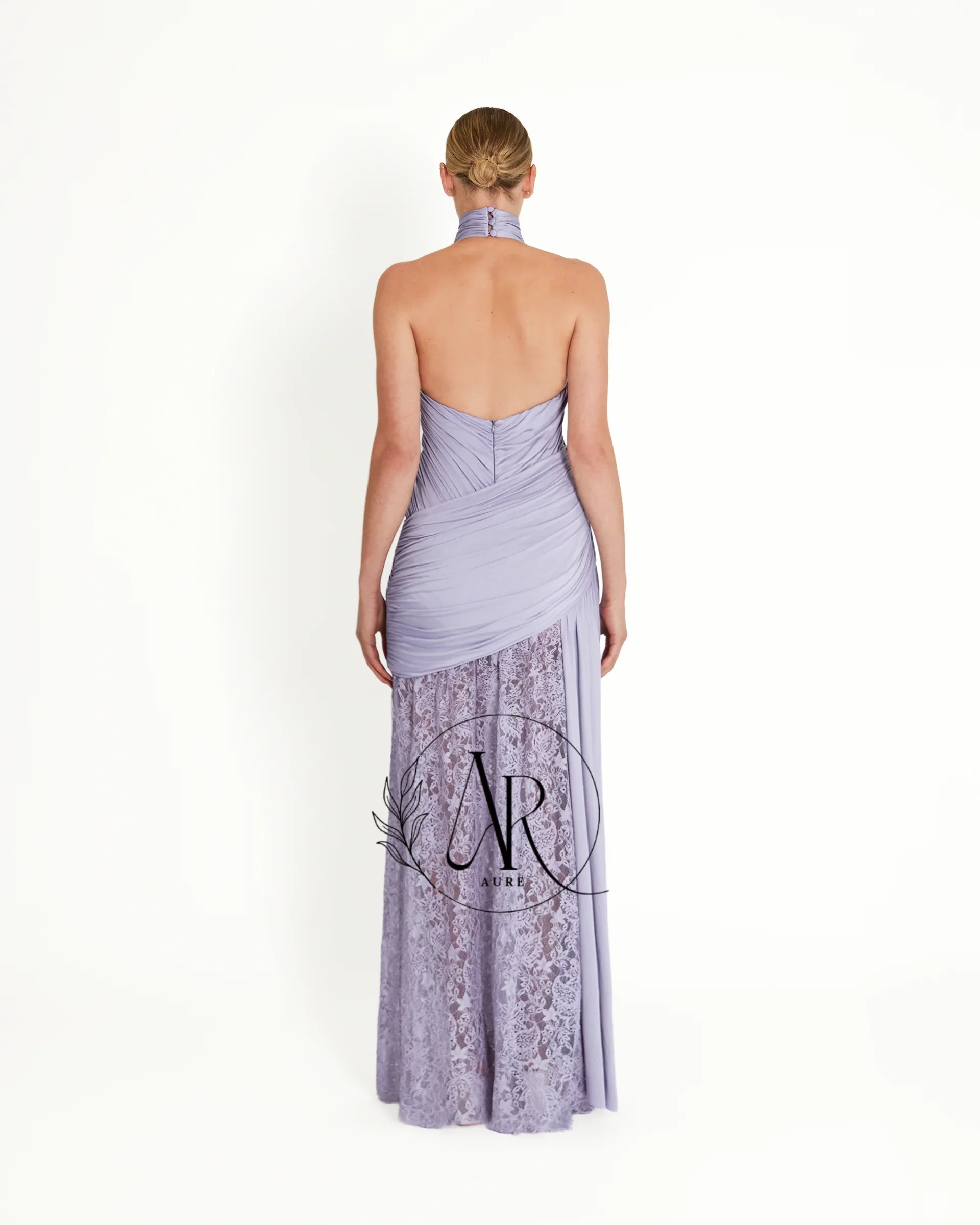 Aure Customized Halter Neck Ruched Evening Maxi Dress Deep V Lace Patchwork Backless Formal Gown For Wedding Guest Prom Party
