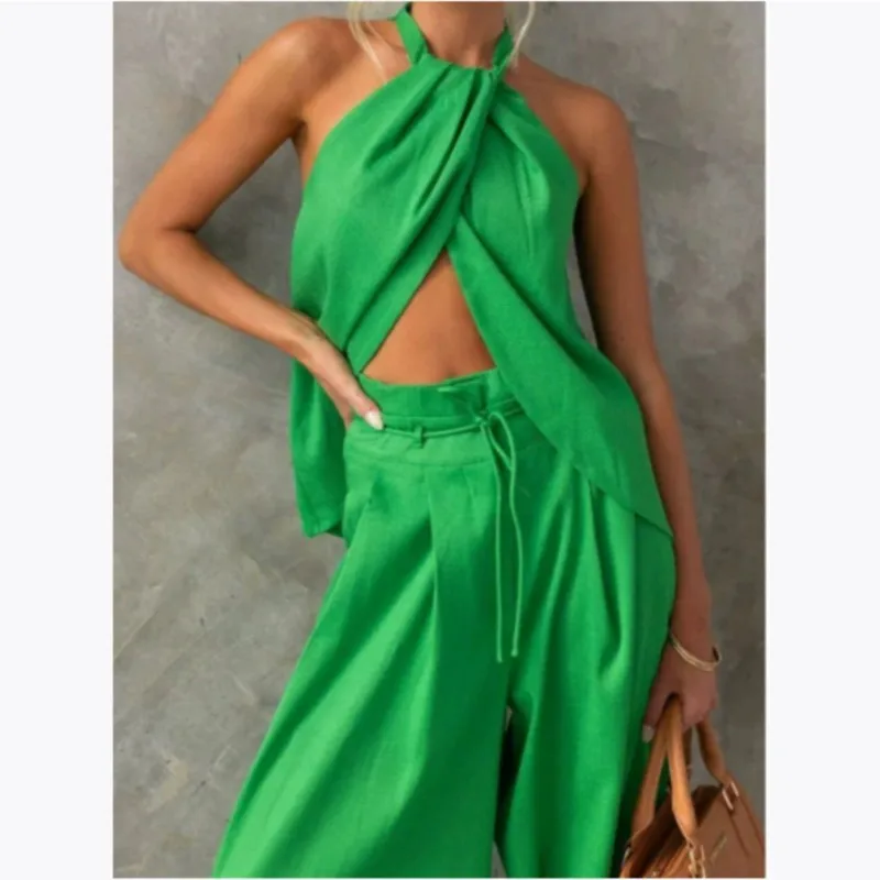

2025 Summer New Women's Elegant Solid Set Sexy Halter Tops+Lace-up Wide-leg Pants Two-piece Set fashion High Street Office lady