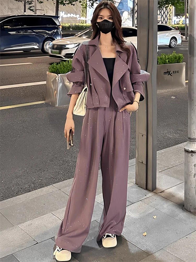 

Faionable Casual Women's Suit Set High Waist Wide Leg Pants Slimming Outerwear Two Piece Set Autumn New Arrival Ele