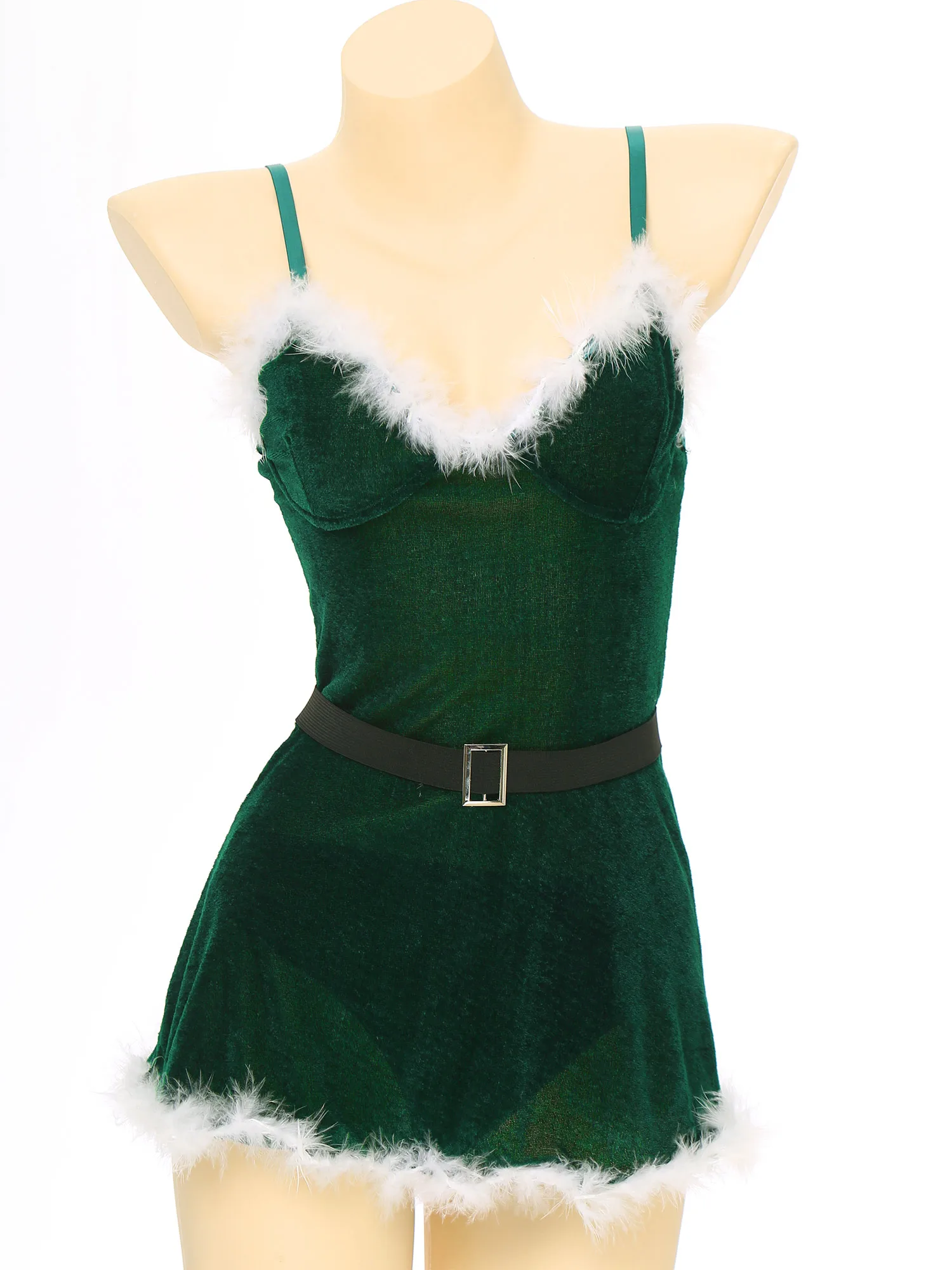 Costume de Père Noël en Velours Sexy pour Femme, Garniture de Plumes en Peluche, Col en V, Slip, Jupe, Costume de Batterie avec Ceinture, Habillage de ixde Noël