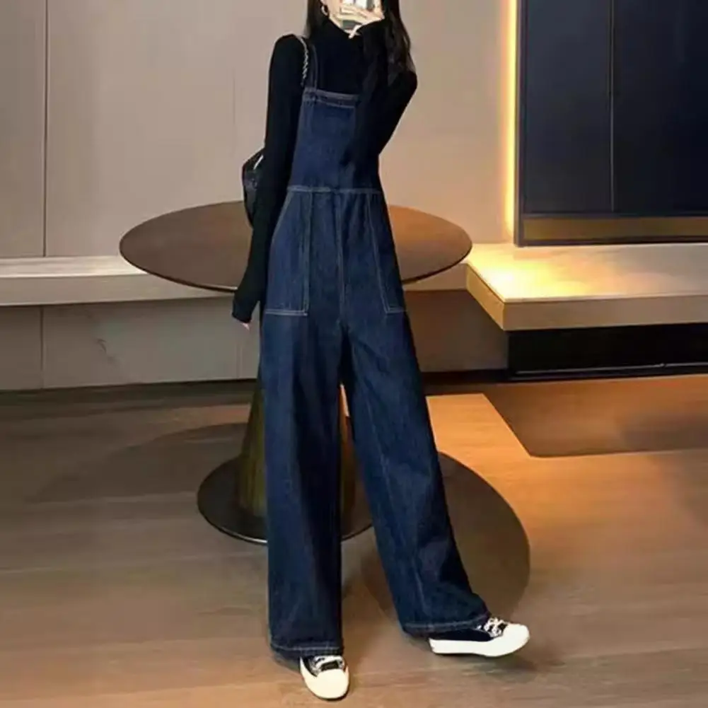 

Women Cotton Blend Jumpsuit Stylish Women's Denim Jumpsuits Square Neck Rompers with Wide Leg Pant Pockets Beach Outfit Loose