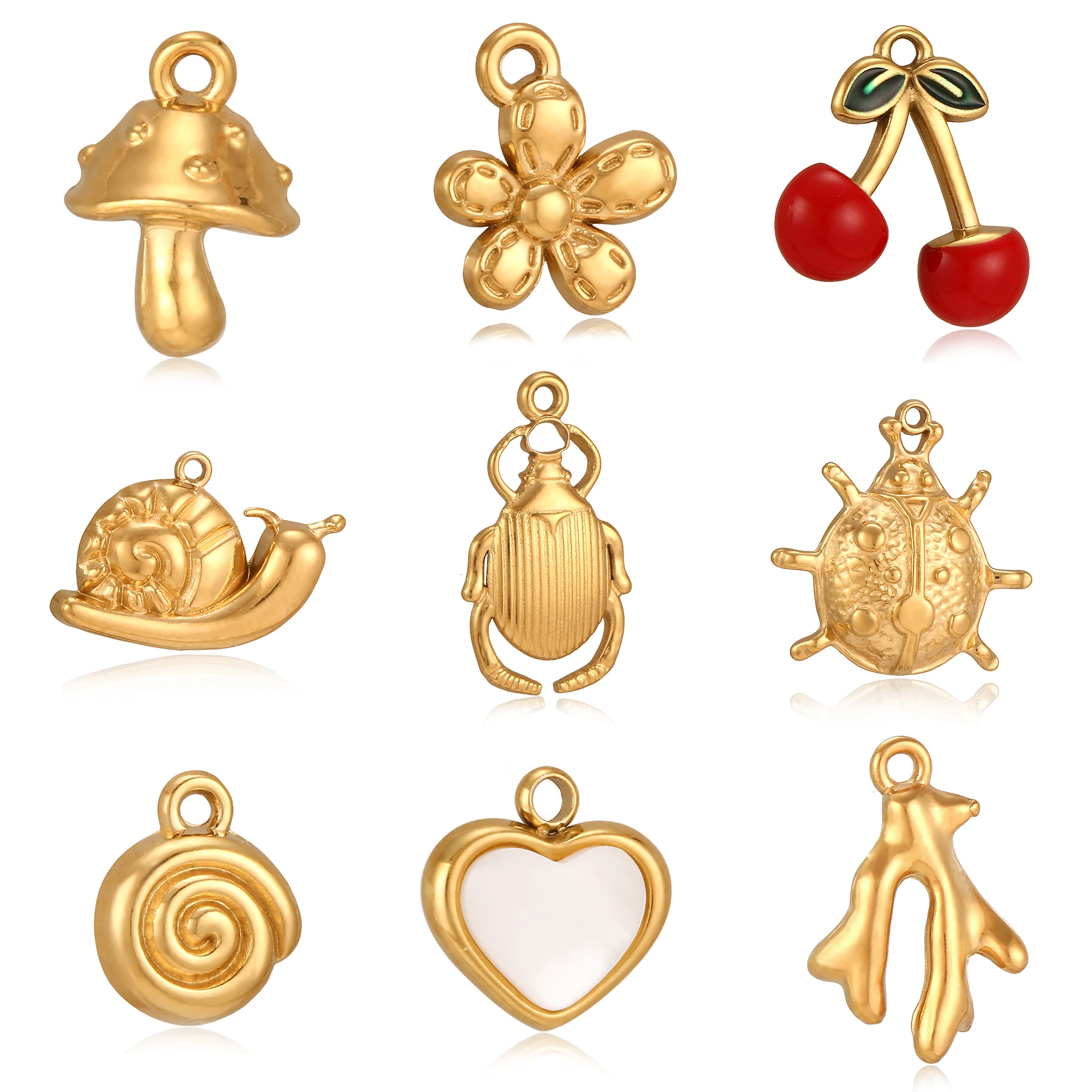 3 uds. De dijes de cereza/espiral/corazón/champiñones para la fabricación de joyas, amuletos de escarabajo de acero inoxidable, colgantes, collar, pulsera, manualidades