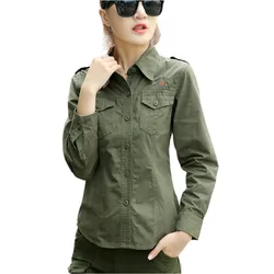 2024 Army Green Shirt Ladies Cotton Long Sleeve Badge Military Uniform Slim Blouses Plus Size 4XL 5XL Women Clothing