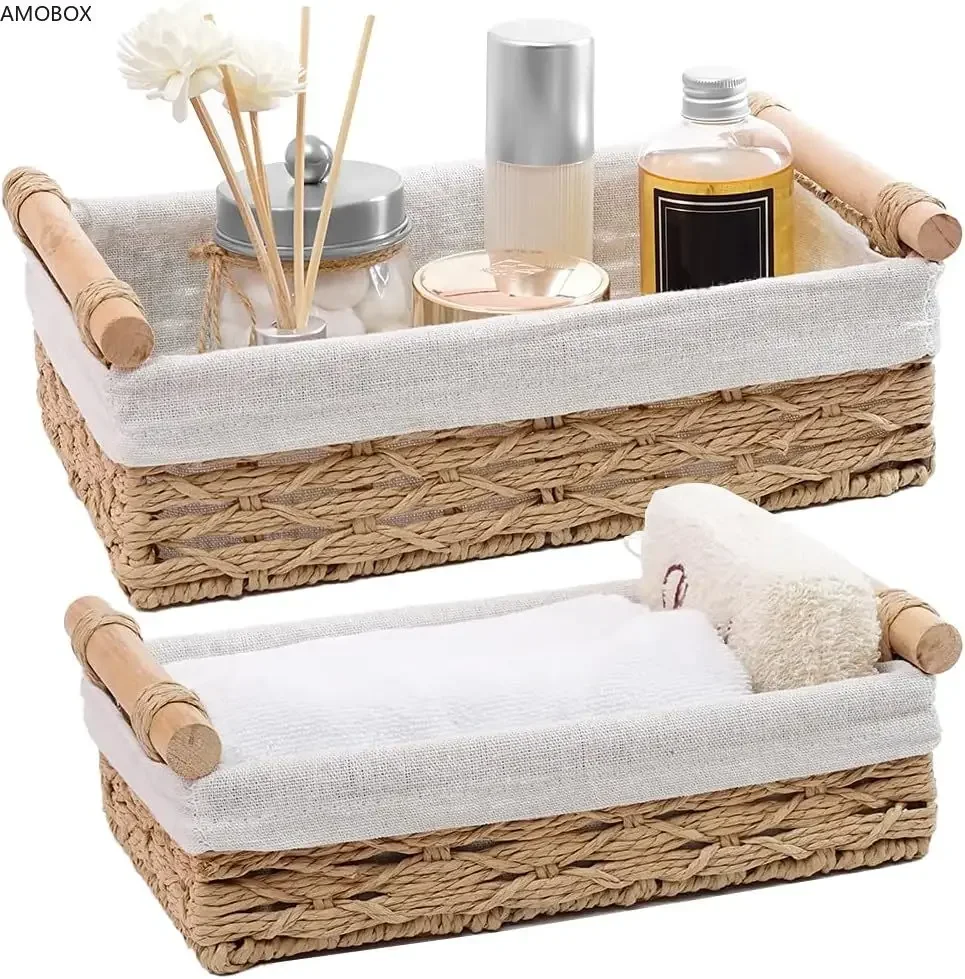 

AMOBOX-Paper Rope Storage Basket,Wicker Basket for Organizing with Handle,Decorative Bin for Countertop,Toilet Tank Top,Set of 2