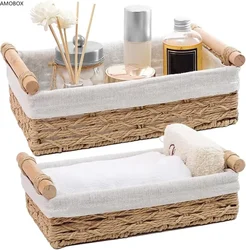 AMOBOX-Paper Rope Storage Basket,Wicker Basket for Organizing with Handle,Decorative Bin for Countertop,Toilet Tank Top,Set of 2