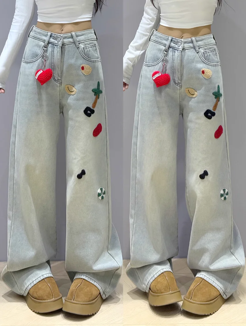 Heavy Industry Embroidered Jeans Women's 2025 Spring New Collection Towel Embroidered Light Color Casual Wide Leg Pants