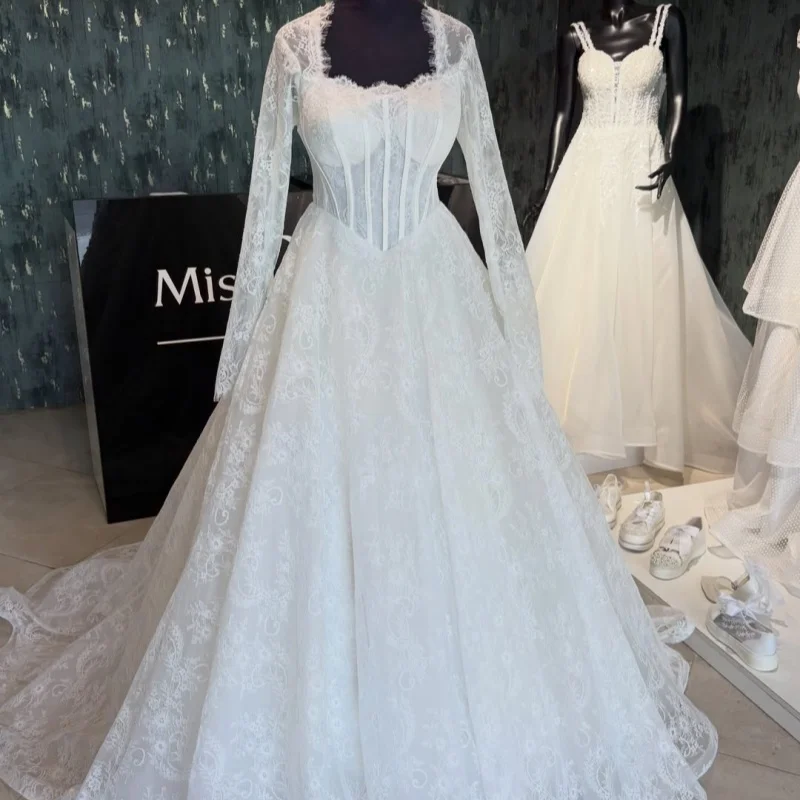 Simple Lace White Appliques Wedding Dresses Beadwork Decal Puff Skirt long tail A-line Tull Slit Made Wedding Dress Bridal Gown