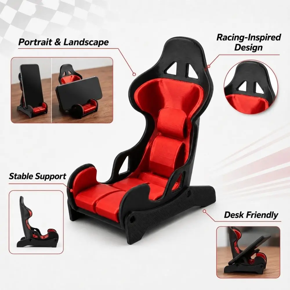 3D Printed Racing Seat Phone Holder Novelty Plastic Simulation Racing Chair Stand Anti-Scratch Non-Slip Base Desk Phone Cradle