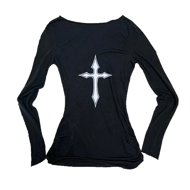 

2000s Y2K Streetwear Long Sleeve Vintage Harajuku Gothic Hip Hop Emo Girl Grunge Punk Women's Casual Tee Sexy Slim Cross Print