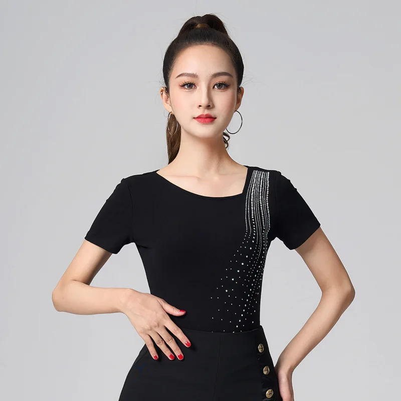 Latin Dance Top Female Adult New Modern Dance Short Sleeve Fashion Hot Drill National Standard Dance Practice Clothes Summer