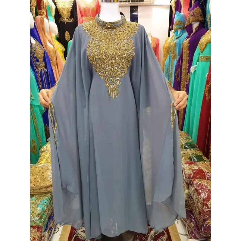 

Grey Georgette Moroccan Dubai KAFTANS ABAYA Dress Long Dress European and American Fashion Trends