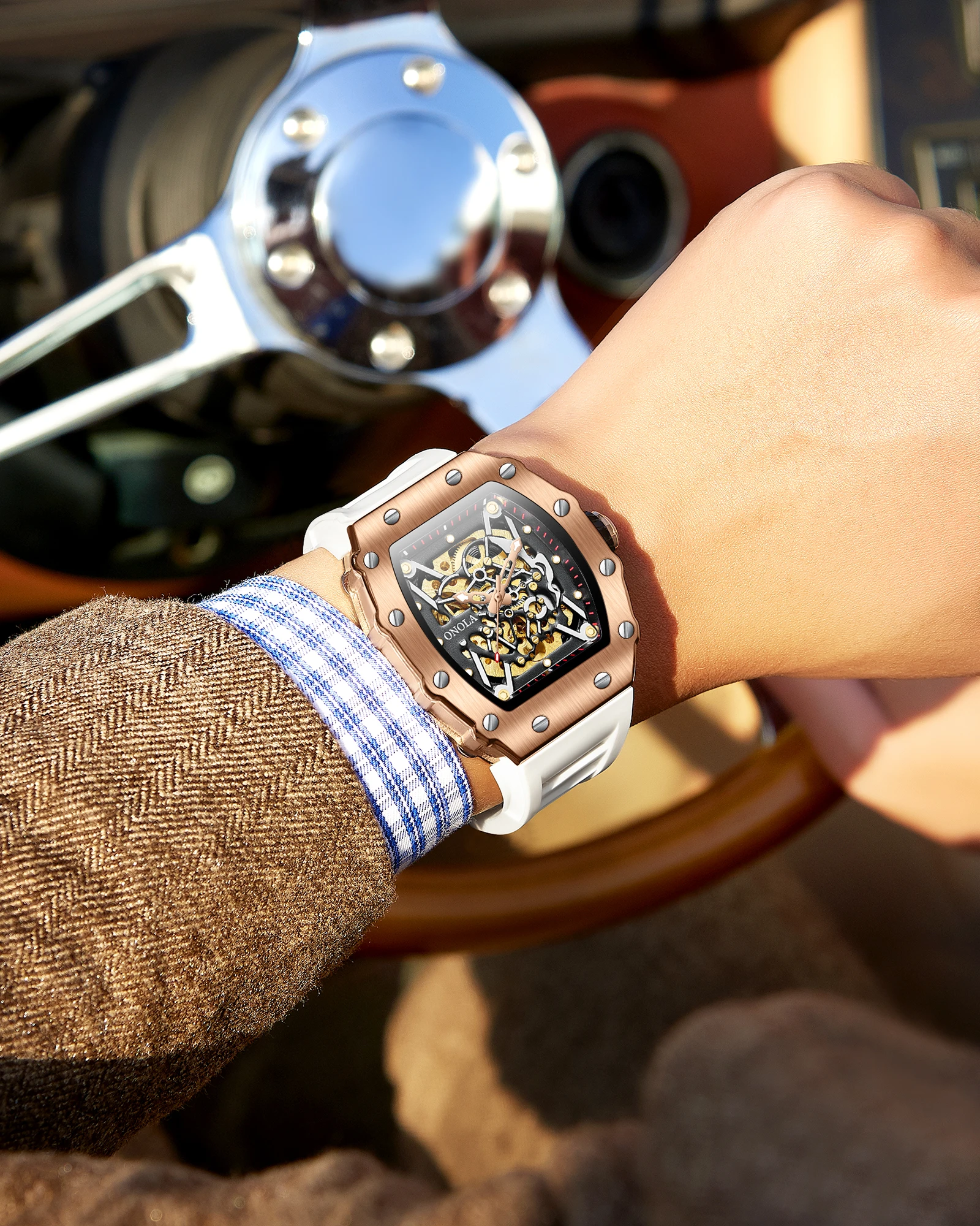 ONOLA ساعة جديدة للرجال موضة الأعمال ساعة اليد التلقائية مربع جوفاء عادية فاخرة مقاوم للماء ساعات ميكانيكي