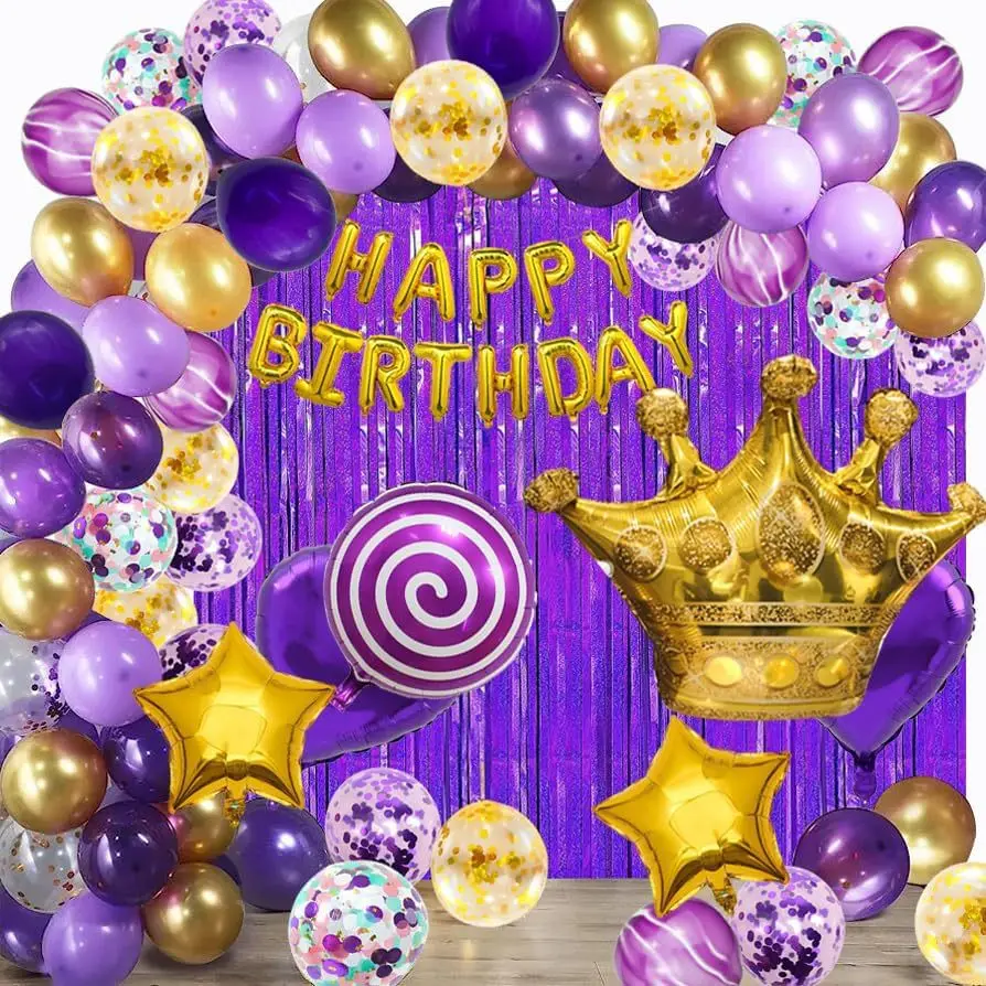 103Pcs Birthday Decoration Balloon Set With Candy Crown Pentagram Aluminum Film Balloon Purple Tassel Rain Silk Curtain