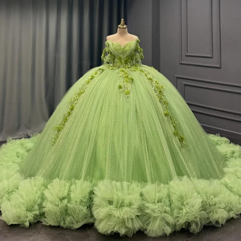 

Green Shiny Quinceanera Dresses Off The Shoulder Applique Flower Beading Crystal Tiered Tull Party Birthday Sweet 16 Dress