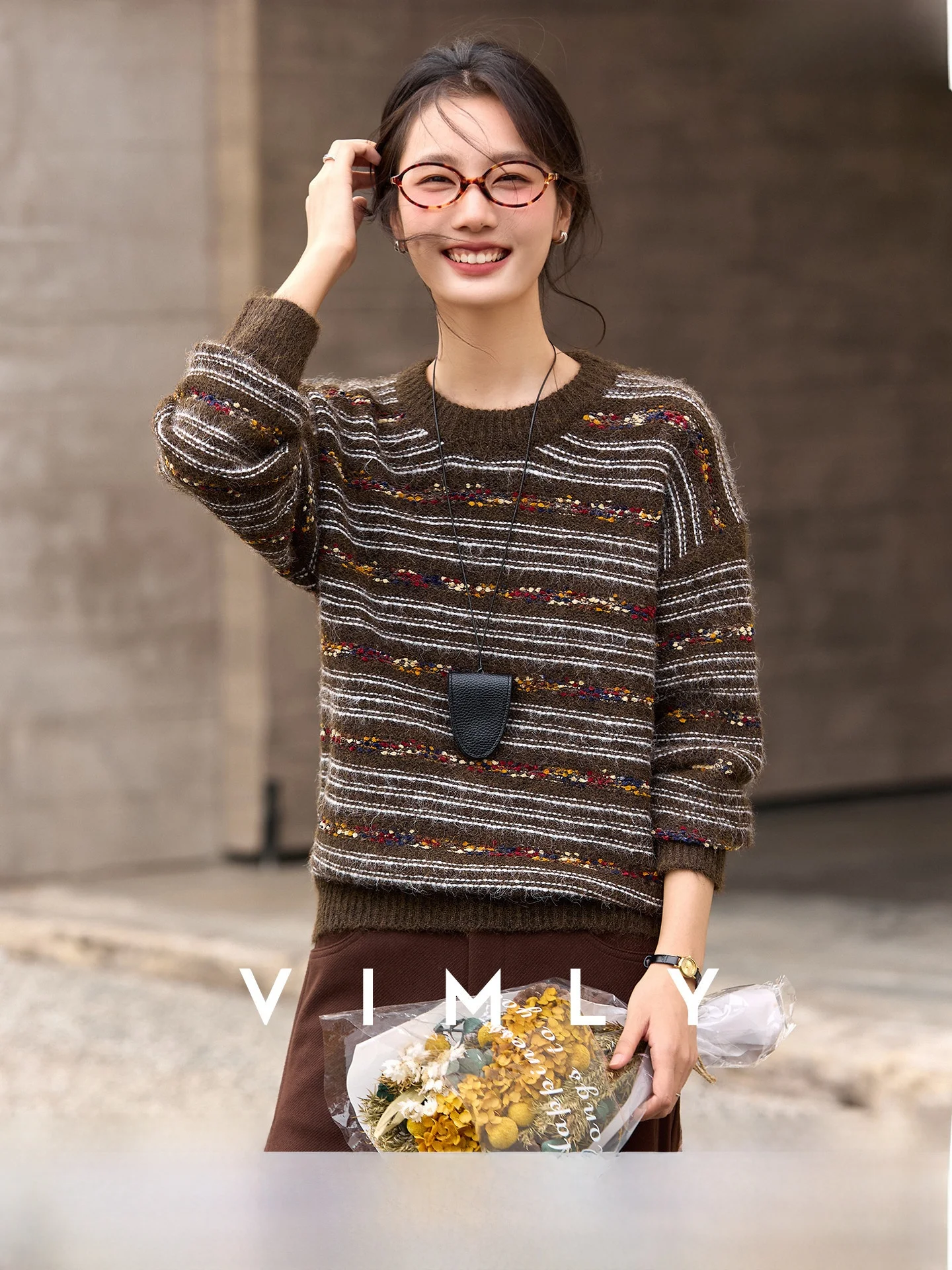 

Женский свободный вязаный свитер с длинными рукавами и круглым вырезом, в полоску, с цветовыми блоками, теплый, повседневный, модный, из мягкой полиэстеровой смеси