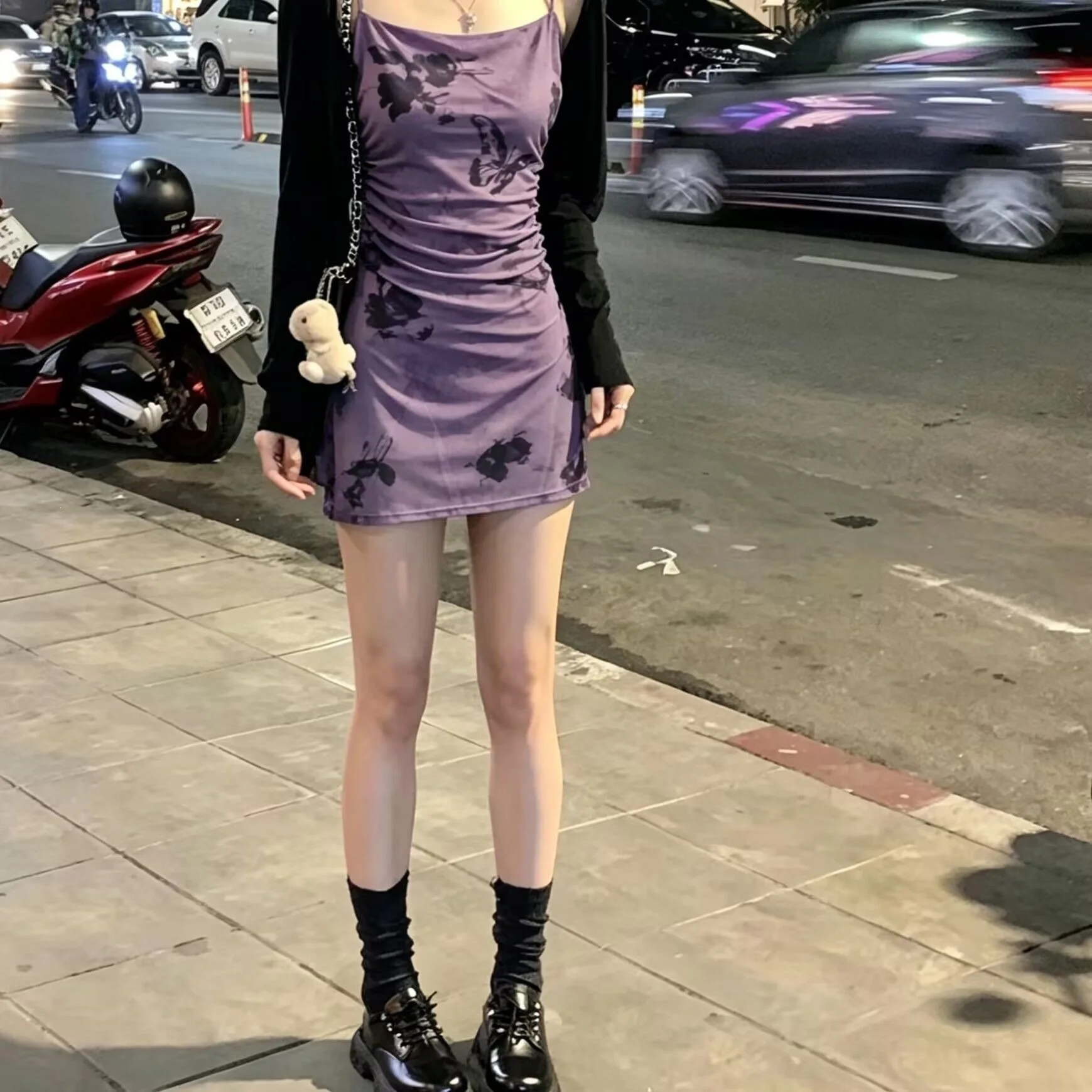 Summer Purple Butterfly Print Crop Top Skirt Women's Net Design Slimming Short Skirt All-Match Bodycon Dress Casual Wear