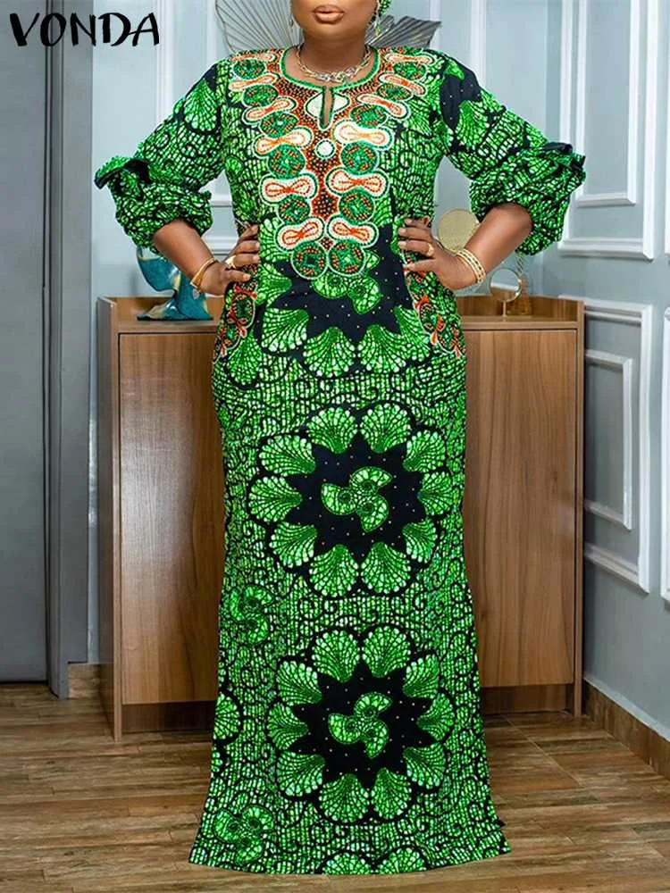 

Plus Size 5XL VONDA 2024 Printed Maxi Dress Bohemian Summer Women Sundress Fashion V-Neck Puff Sleeve Casual Loose Party Vestido