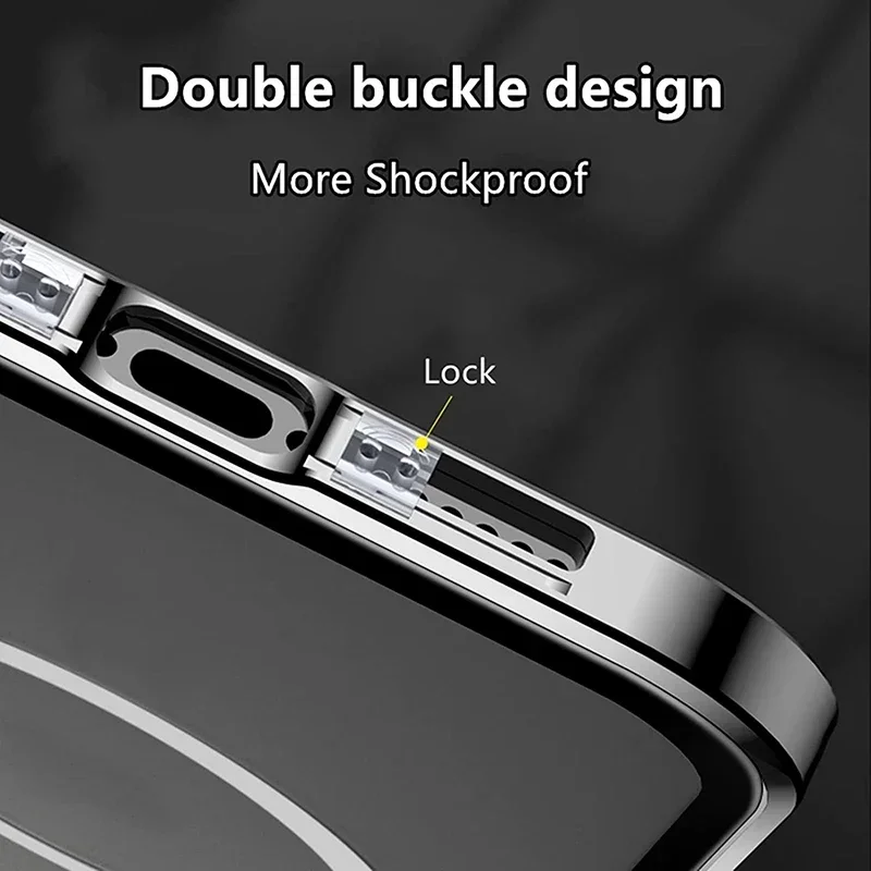 360 ° Full Protection Metal Magnetic Double-Sided Glass Snap Lock Privacy Case For iPhone 17 16 15 14 13 12 Pro Max Plus 17E 16E