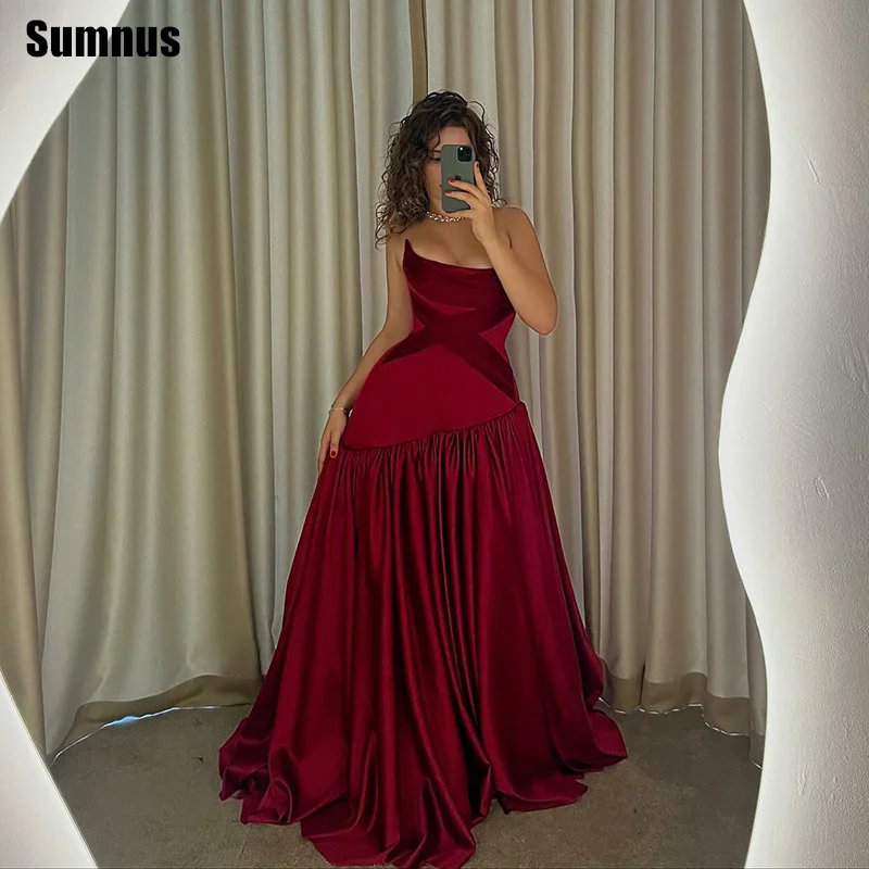 فستان Sumnus الحديث على شكل حرف A للحفلات الراقصة من الساتان الأحمر برقبة قارب ثنيات فساتين الحفلات بألوان متباينة فستان سهرة مخصص #1