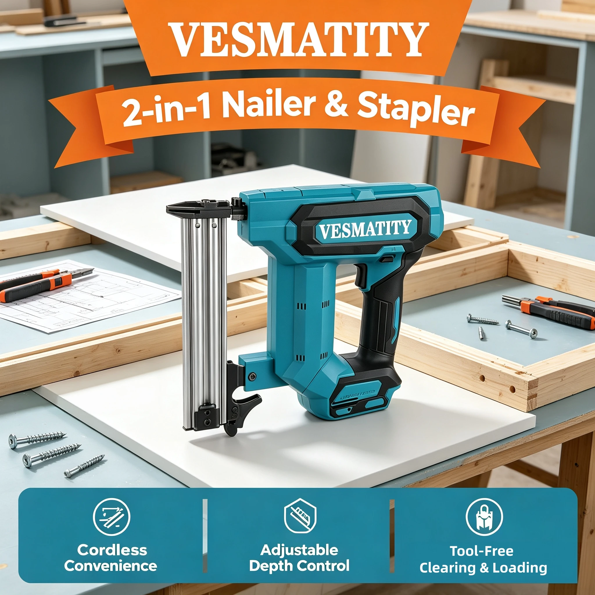 VESMATITY Heavy Nailer Cordless Nail Gun 100-Nail Tool for Flooring Shelving Wood DIY Projects Makita Battery Pro Plus