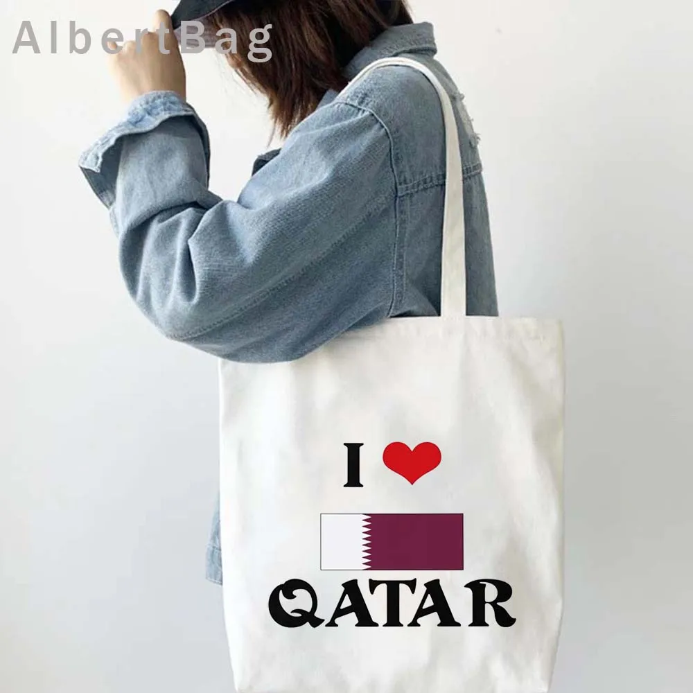 Doha Skyline Qatar Country Map Qatari Flag Arab Girl Love Heart Shoulder Canvas Tote Bag Shopping Cute Shopper Books Eco Handbag