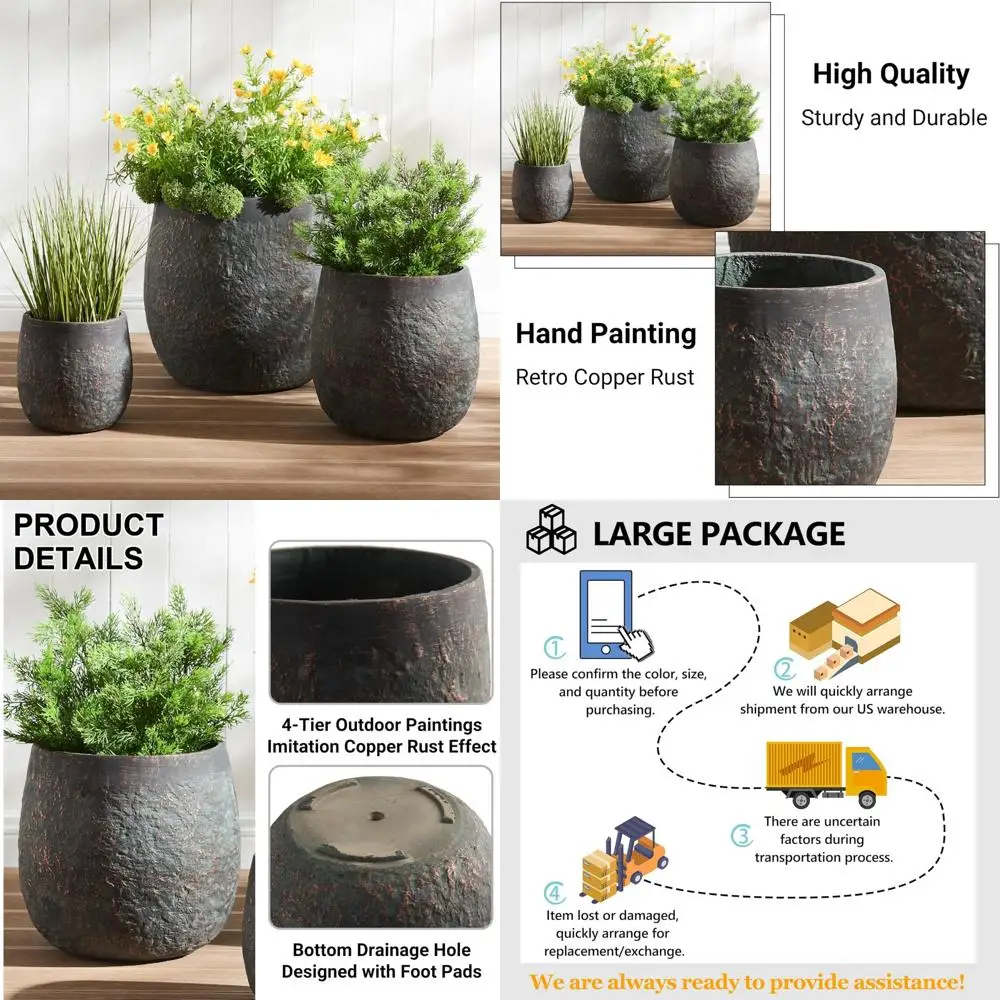 Современные состаренные бетонные горшки, большие круглые цветочные горшки для дома на открытом воздухе, сада, патио, двора, подходят для современного деко