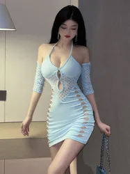 2023 Summer New Women's Sexy Spicy Girl Hollow Slim Dress with Dotted Decoration Deep V Wrap Hip Fashion Sweet Mini Dress 7JHO