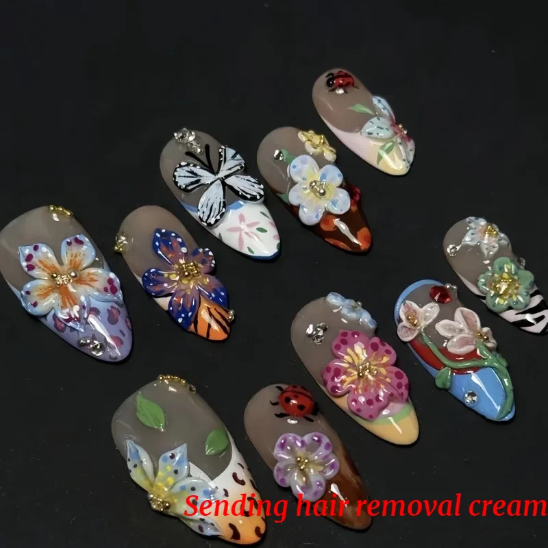 

Tropic Affair 3D Flower Nails 10Pcs Handmade Manicure Medium Almond Fake Nails Press On Nails Design With Adhesive Nail File Set