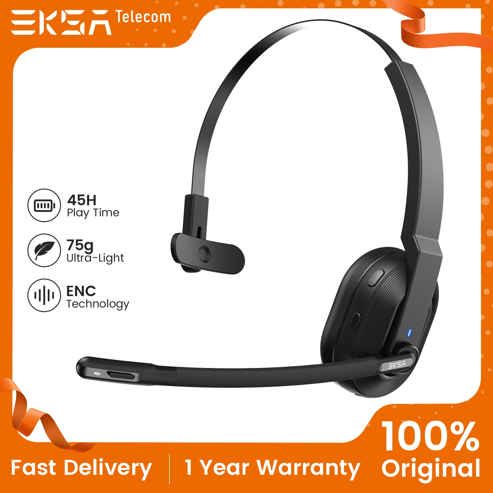 EKSA H5 SE Bluetooth Headset For Call Center Office Upgraded Wireless Headphones 45H Long Life Noise Cancelling Mic