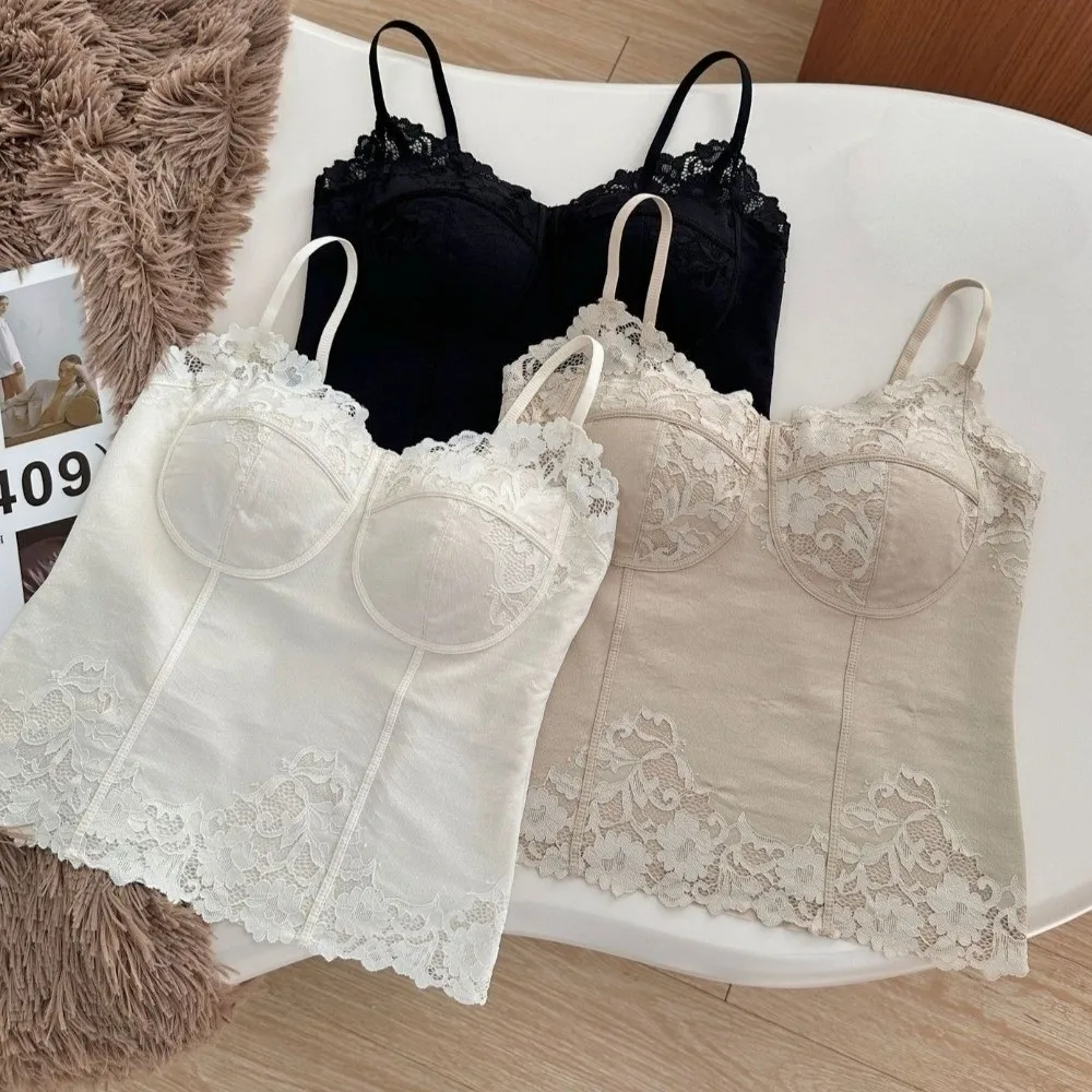 Spicy Girl Style French Style Lace Camisole Slim Fit Fishbone Lace Corset Sleeveless Flower Crop Tops Travel