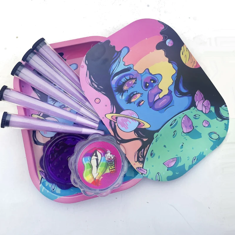 1 Set Rolling Kits Rolling Tray Set Grinder18X14cm Metal Tinplate Plate With Magnetic Lid 12PCS Placement Gift Tray Kit 