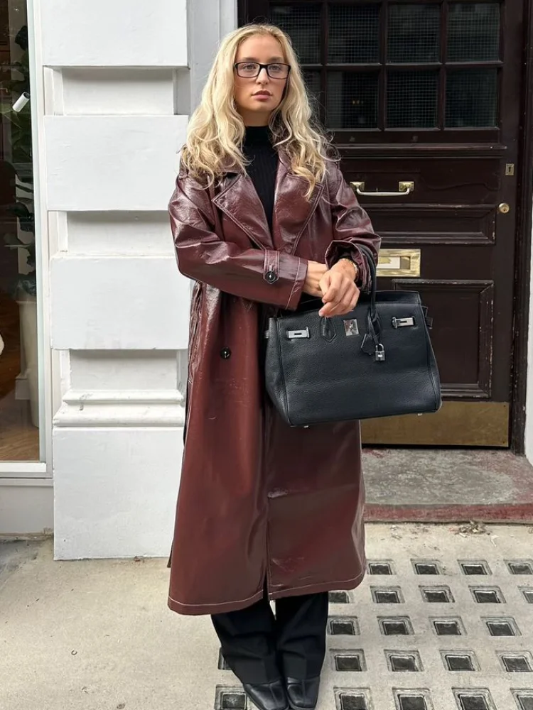 Elegant Burgundy Stunning Shiny Leather Windbreaker For Women Fashion Buttons Lapel Oversized Long Coat Lady Streetwear 2024 New