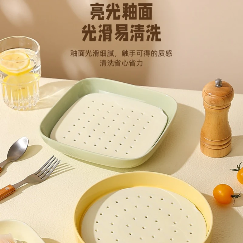 Ceramic Fine‑hole Steaming Plate Multifunctional Drain Tray Dumpling Fruit Oil Filter Baking Oven Microwave Cookware