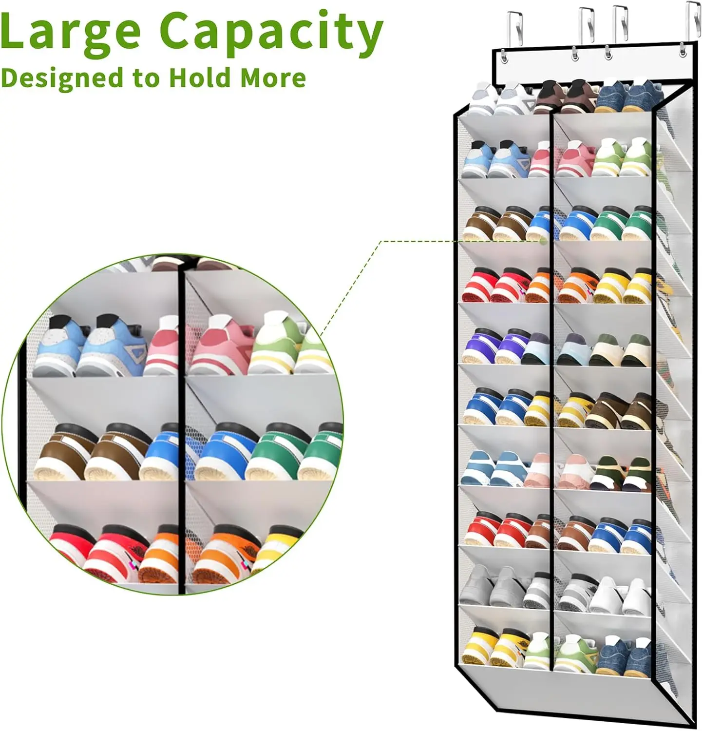 20-stufiger Schuh-Organizer zum Aufhängen an der Tür, tiefe Taschen, großer hängender Schuhständer für Schranktüren, für 30 Paar Schuhe geeignet – Detail 5