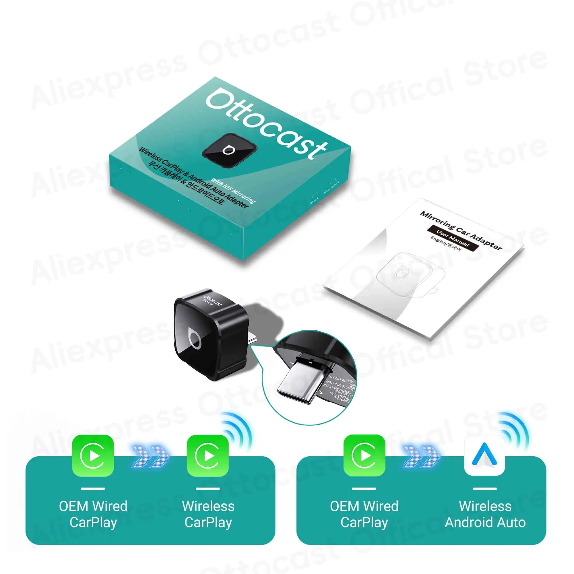 OTTOCAST Express MINI AIR 3-in-1 Cube Adapter 4.0 Draadloze CarPlay Android Auto voor iOS Schermspiegeling Auto-accessoires 2026