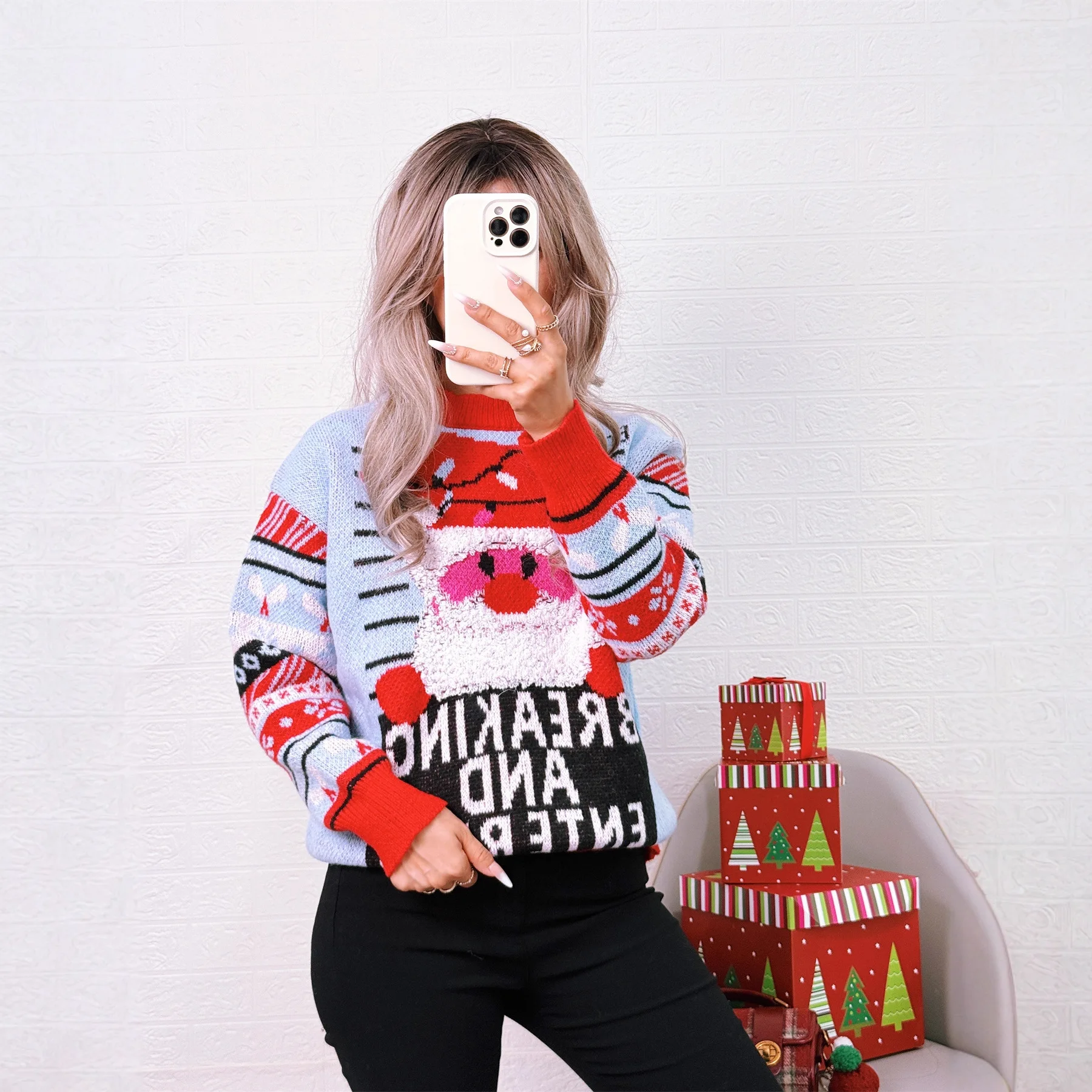2025 Autumn Winter New Christmas New Jacquard Knitted Top Round Neck Color-Block Casual Unique Sweater 3
