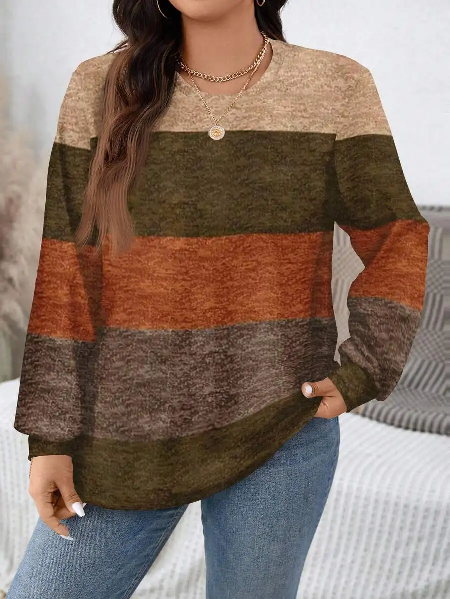 

Loose Striped Print Round Neck Casual Sweatshirt For Women Spring