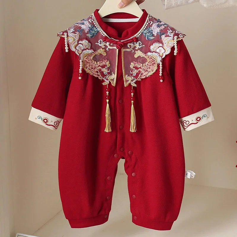 

Spring Autumn Baby Girl Clothes 0 To 6Months Fashion China Style Red Embroidery Birthday Jumpsuits Romper Newborn Items B266