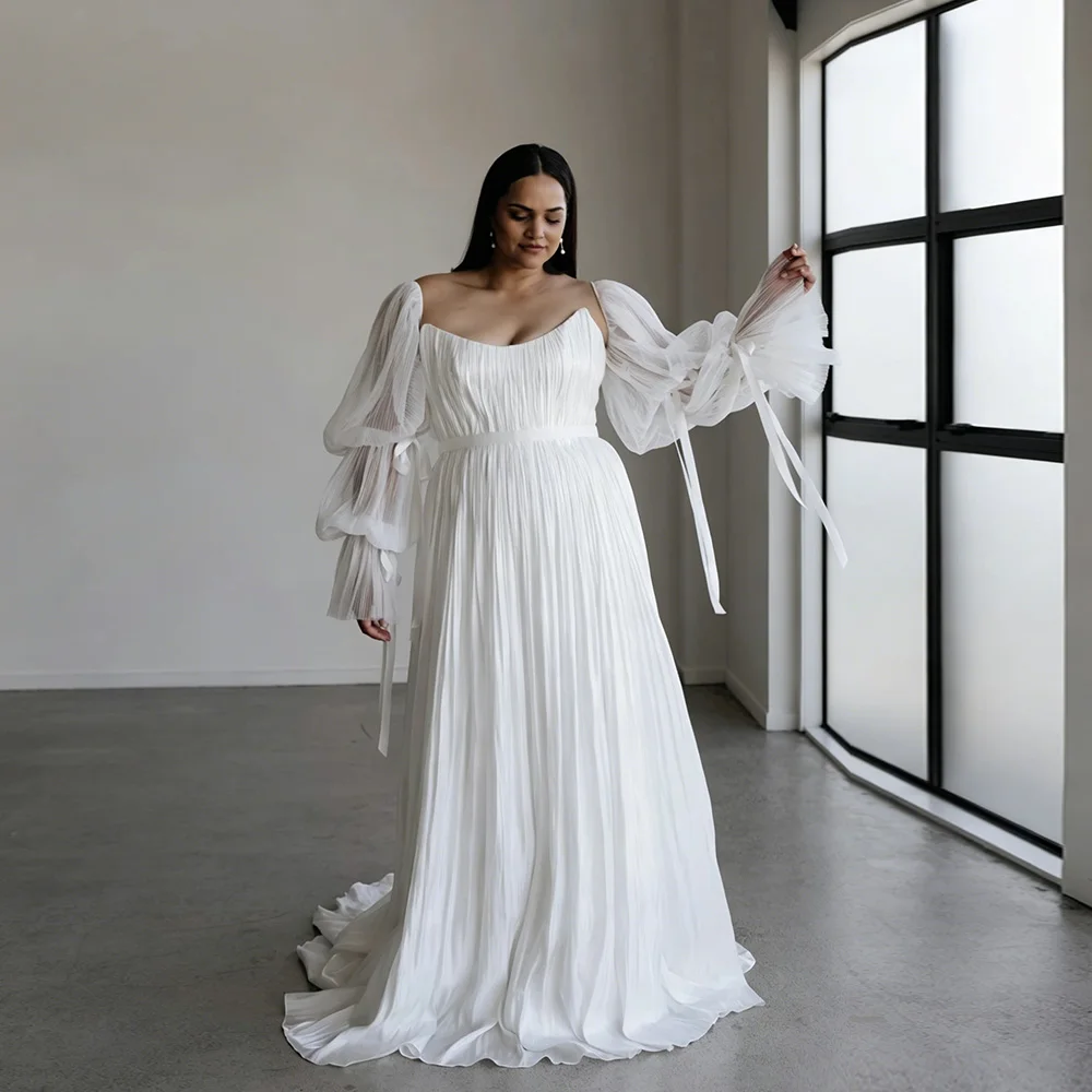Brautkleider in Übergröße für die Braut, Chiffon, O-Ausschnitt, A-Linie, Brautkleider, abnehmbare Puffärmel mit Bindeband, Brautkleid nach Maß