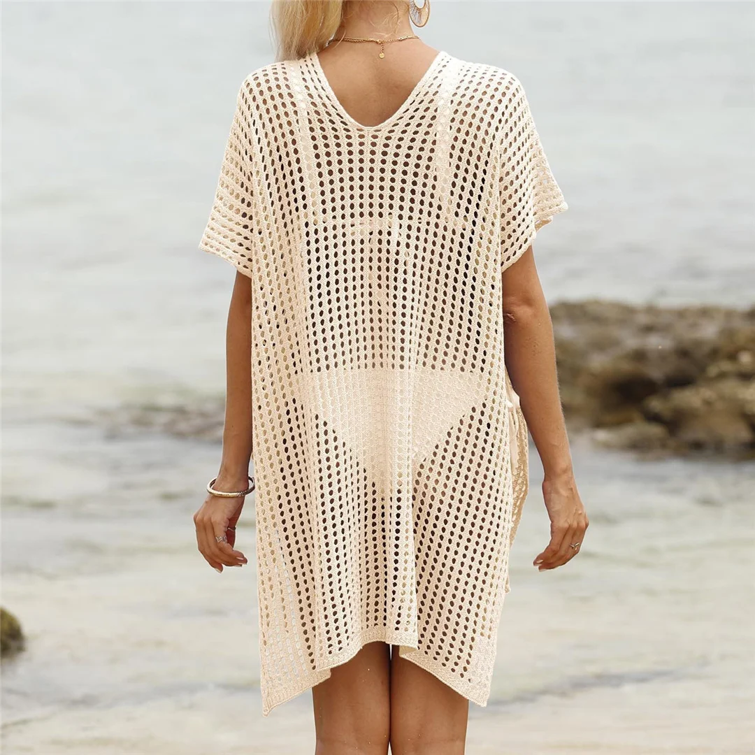 Kurzarm-Tunika mit V-Ausschnitt und Aushöhlungen, gehäkelt, Strickkleid, Strandkleid, Strandmode, Strandbekleidung, Strand-Cover-up, Damen, V8061 – Detail 5