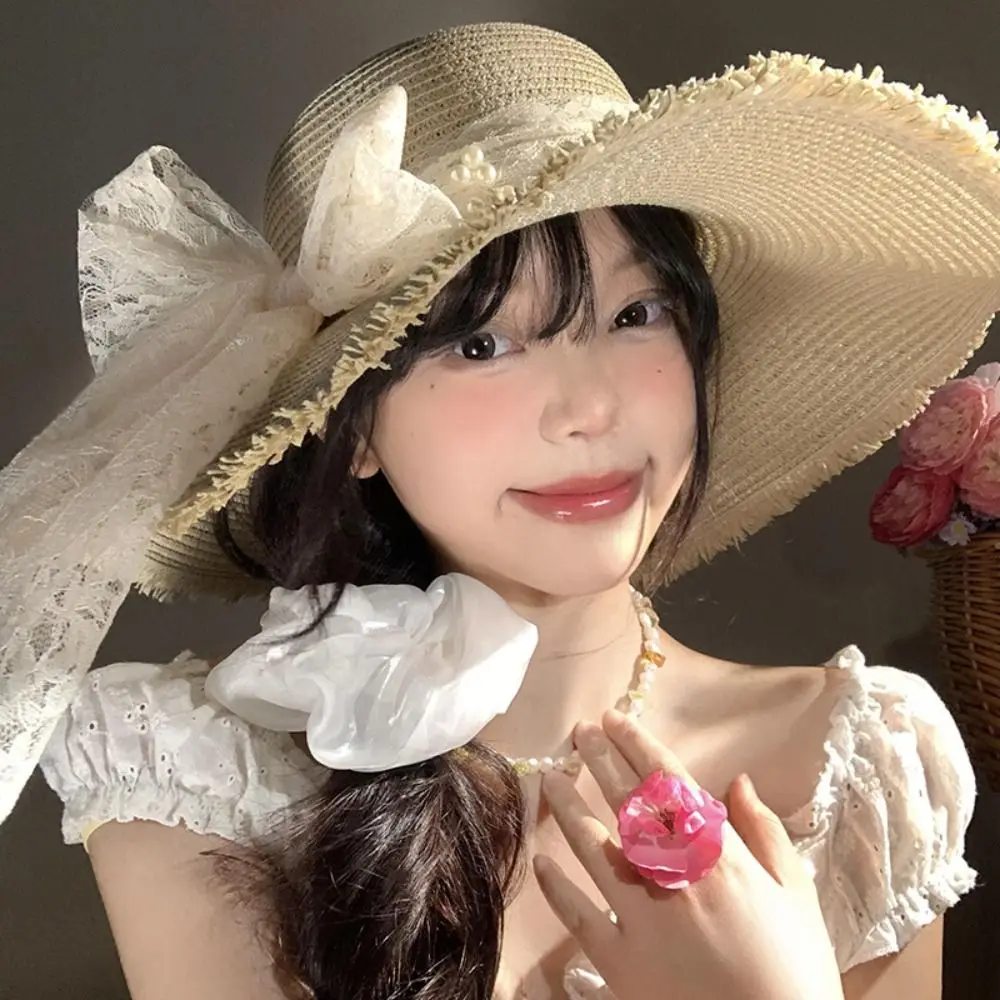 

Elegant Spring Summer Bow Ribbon Straw Hat French Style Big Brim Lace Pearls Straw Hat Foldable Beach Women's Sun Hat Travel