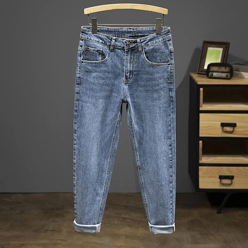 

Мужские брюки с девятью точками, новинка 2025, весенне-осенние модные повседневные джинсовые брюки, хлопковые узкие джинсы, синяя мужская одежда, брендовая одежда