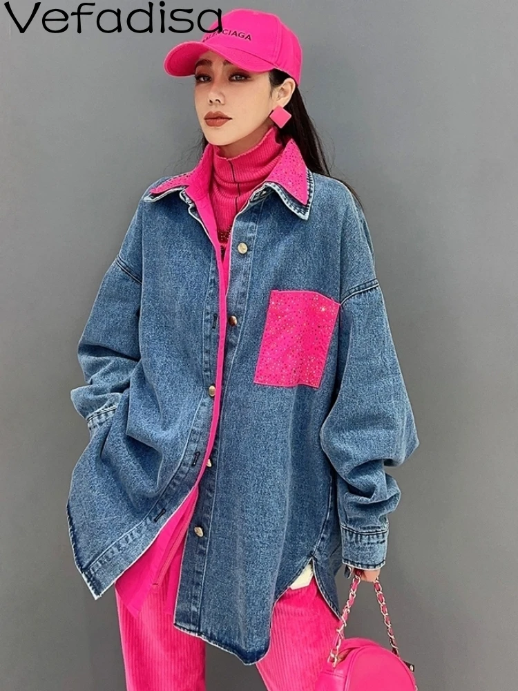 Vefadisa 2024 Autumn New Green Women Patchwork Denim Jacket Lapel Long Sleeve Irregular Coat Temperament All Match Coat ZXY745A