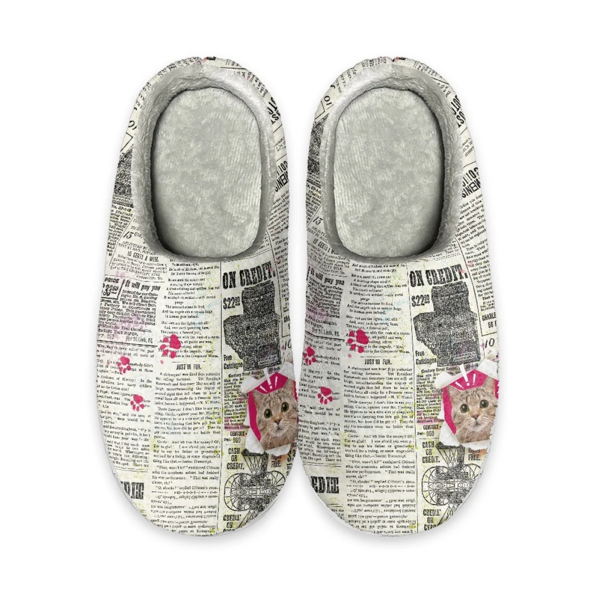 Literary Newspaper Style Cute Cat Pattern Cotton Slipper Unisex Trend Comfortable Soft Plush Shoes Dirt Resistant Non-slip Flats