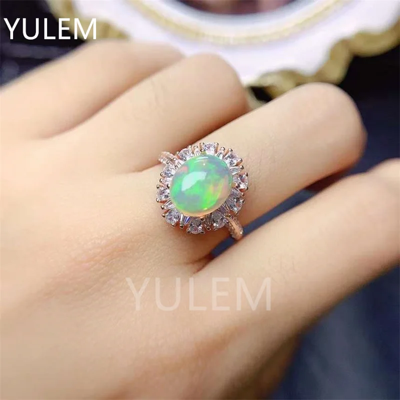 YULEM Natural Colorful Opal Ring Oval Cabochon 925 Sterling Silver Crystal Healing Stone Fashion Jewelry Gift For Women Men