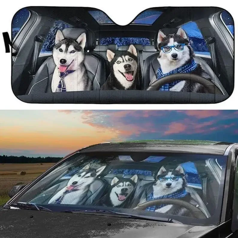 Husky Team Funny Faces Car Sun Shade Adorable Friends Life Is Better With Dogs Windshield Sunshade Oxford Cloth