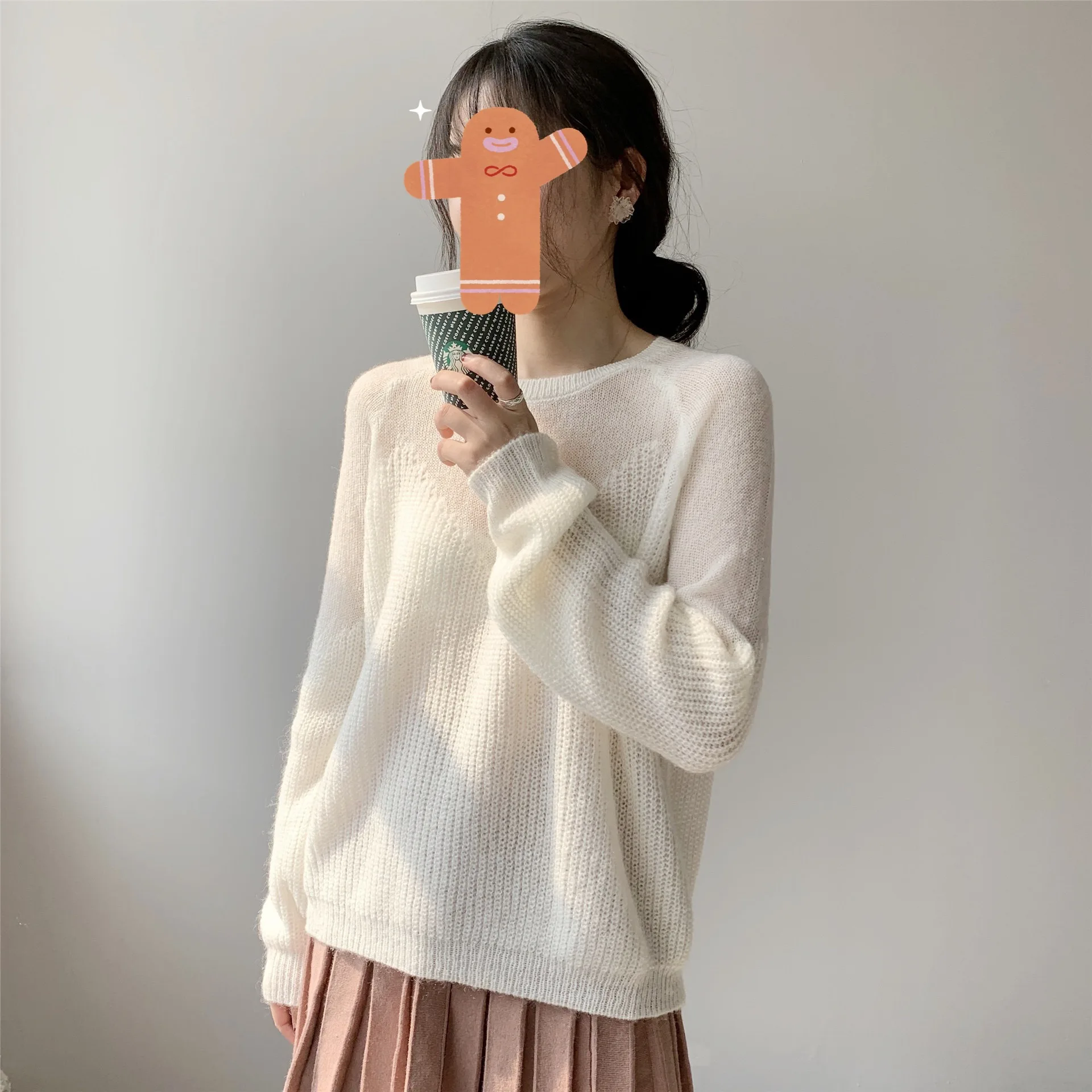 2024 New Women Sexy See Through Knit Mohair Pullovers Long Sleeve Good Quality Thin Spring Wear Clothes Sweater Pull Femme